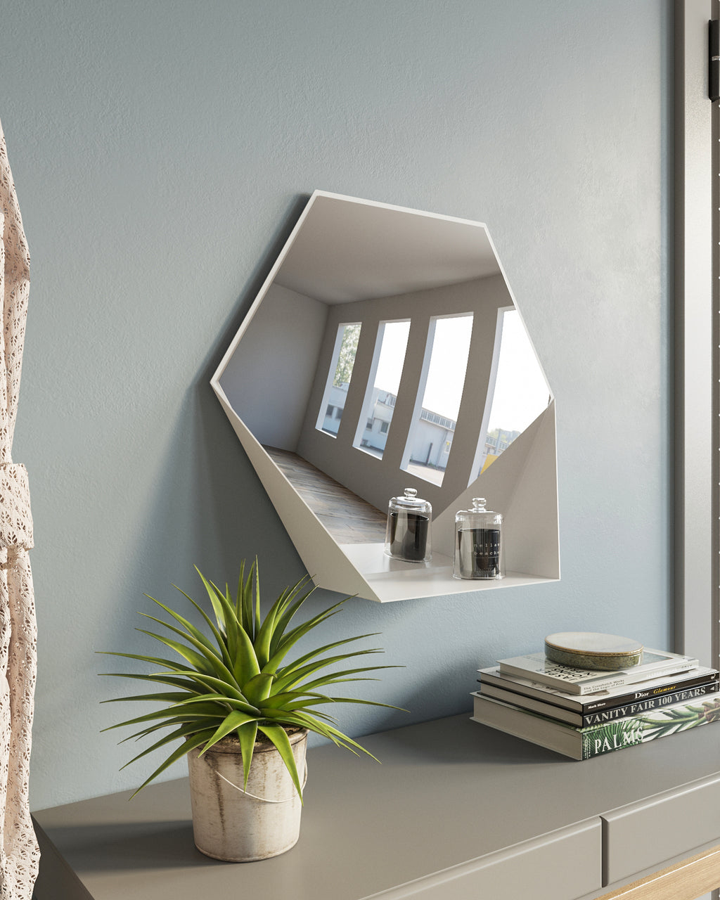 Gorillz Hive Wandspiegel met Plank - Hexagon Spiegel Hangend - 60 x 52 cm - Metaal Wit