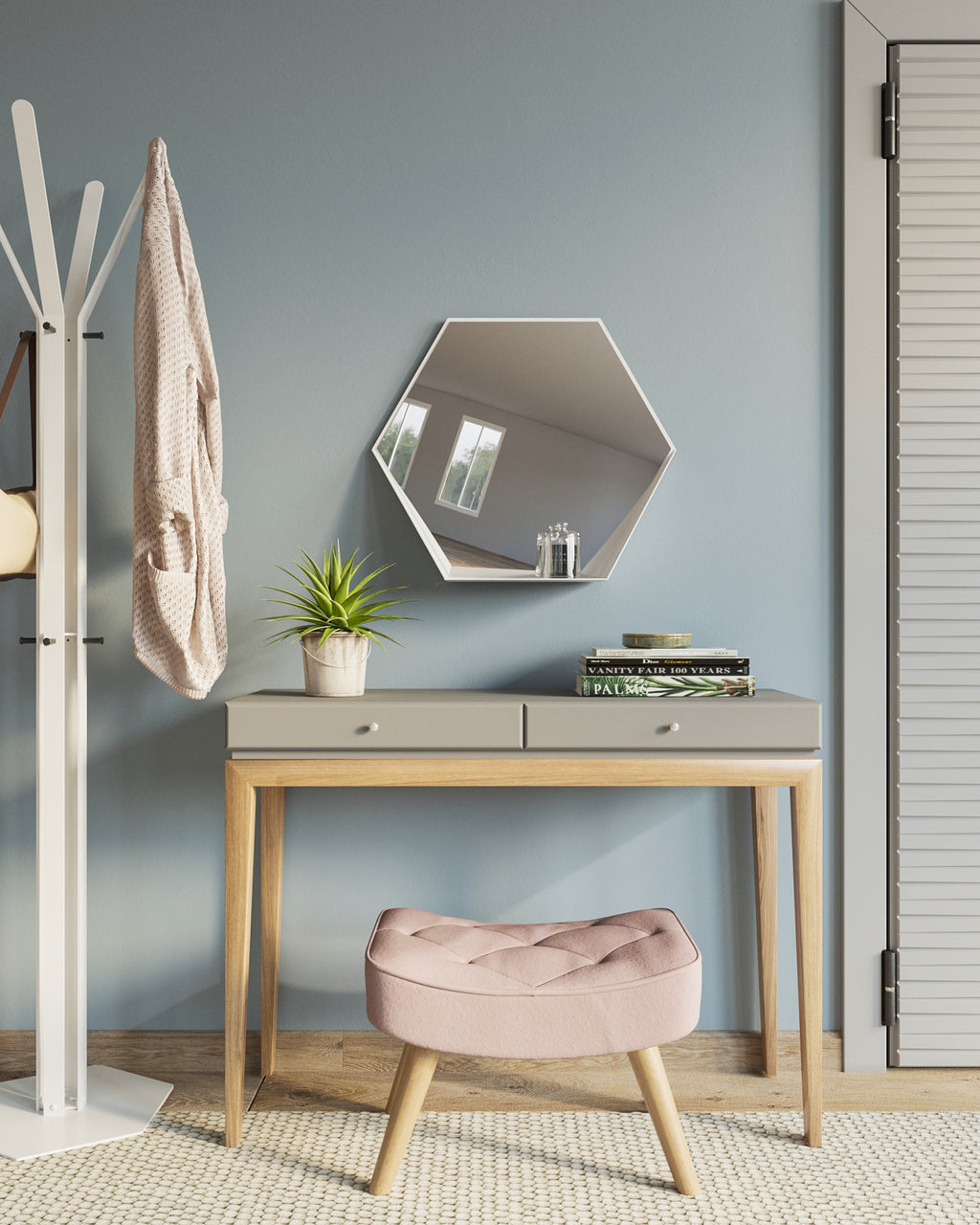 Gorillz Hive Wandspiegel met Plank - Hexagon Spiegel Hangend - 60 x 52 cm - Metaal Wit