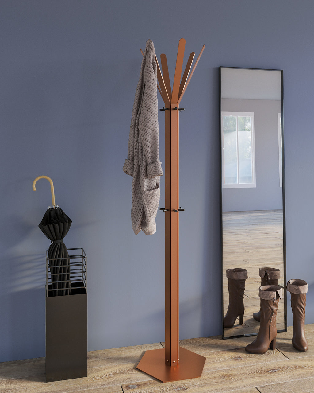Gorillz Molto - Staande Kapstok - 18 kapstokhaken Staande Kleerhanger (175 x 35 x 40 cm) - Metaal- Koper Bruin
