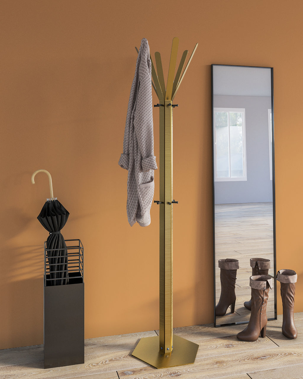 Gorillz Molto - Staande Kapstok - 18 kapstokhaken Staande Kleerhanger (175 x 35 x 40 cm) - Metaal- Goud