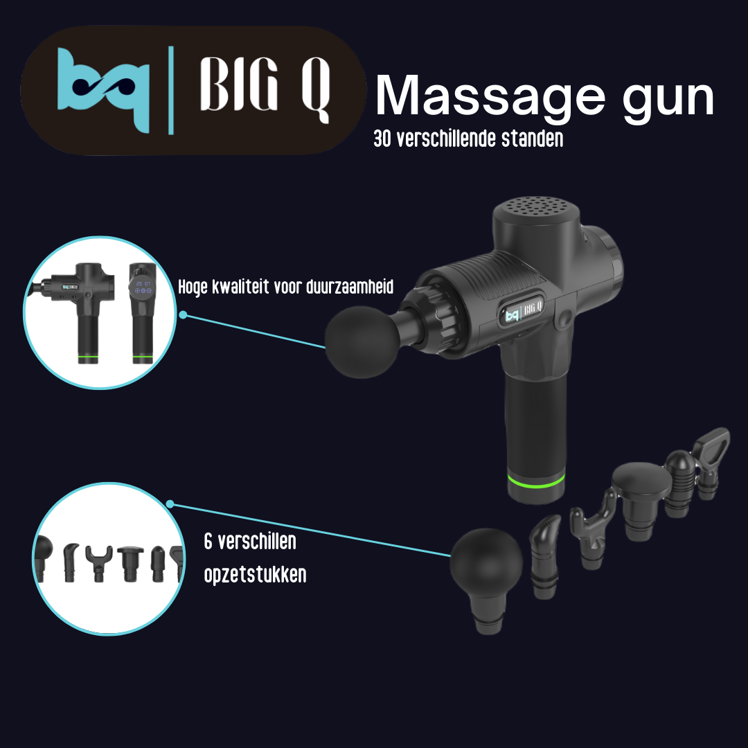Big Q Massage Gun - Matzwart - 30 snelheden - 6 opzetstukken - Sport En Relax Massageapparaat - LCD Touchscreen