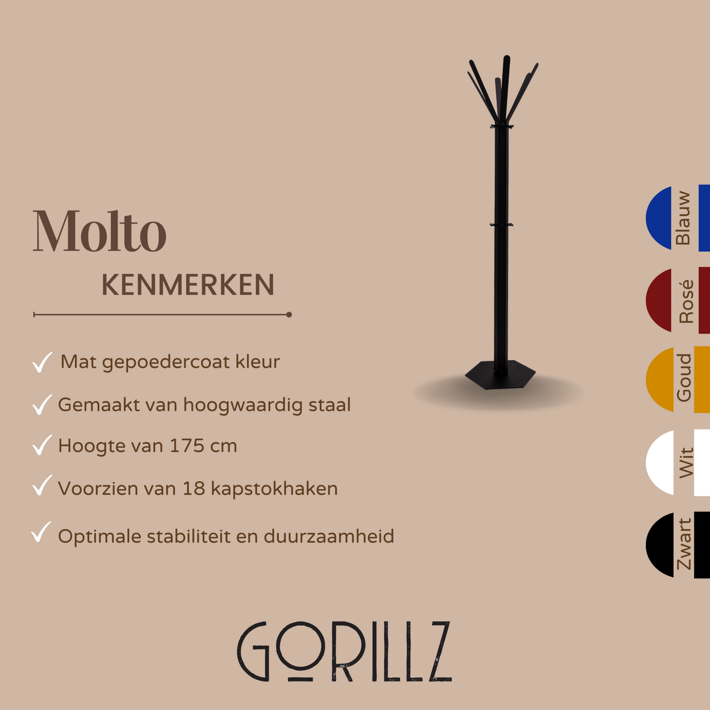 Gorillz Molto - Staande Kapstok - 18 kapstokhaken Staande Kleerhanger (175 x 35 x 40 cm) - Metaal- Zwart