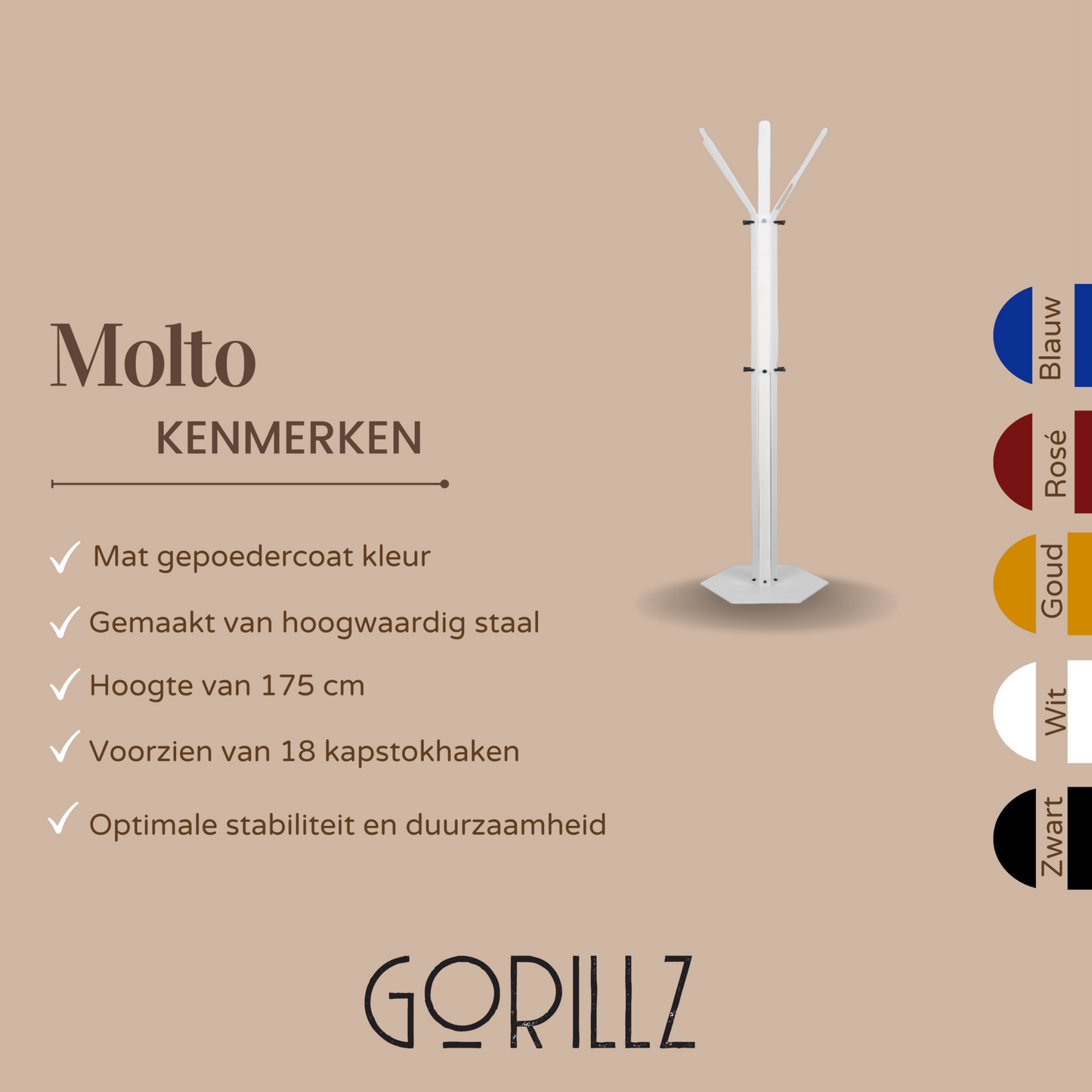 Gorillz Molto - Staande Kapstok - 18 kapstokhaken Staande Kleerhanger (175 x 35 x 40 cm) - Metaal - Wit