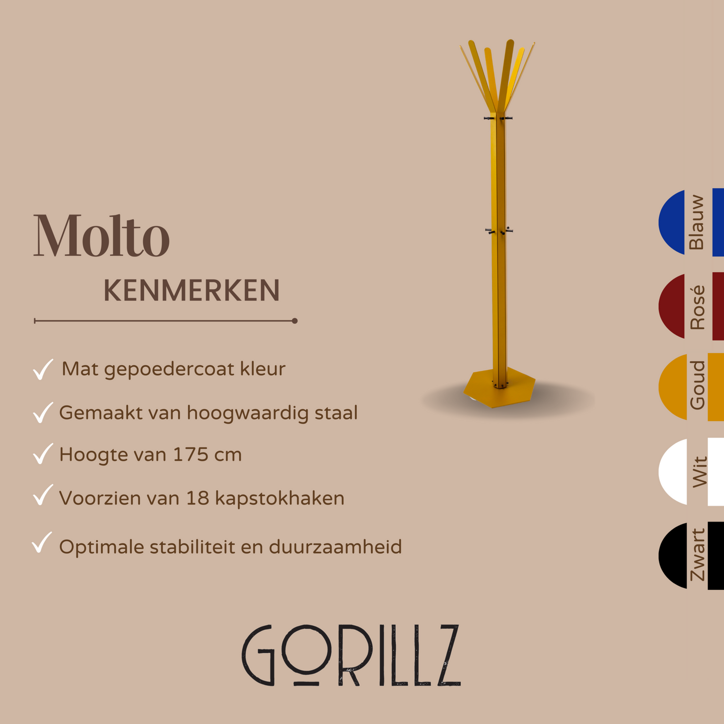 Gorillz Molto - Staande Kapstok - 18 kapstokhaken Staande Kleerhanger (175 x 35 x 40 cm) - Metaal- Goud