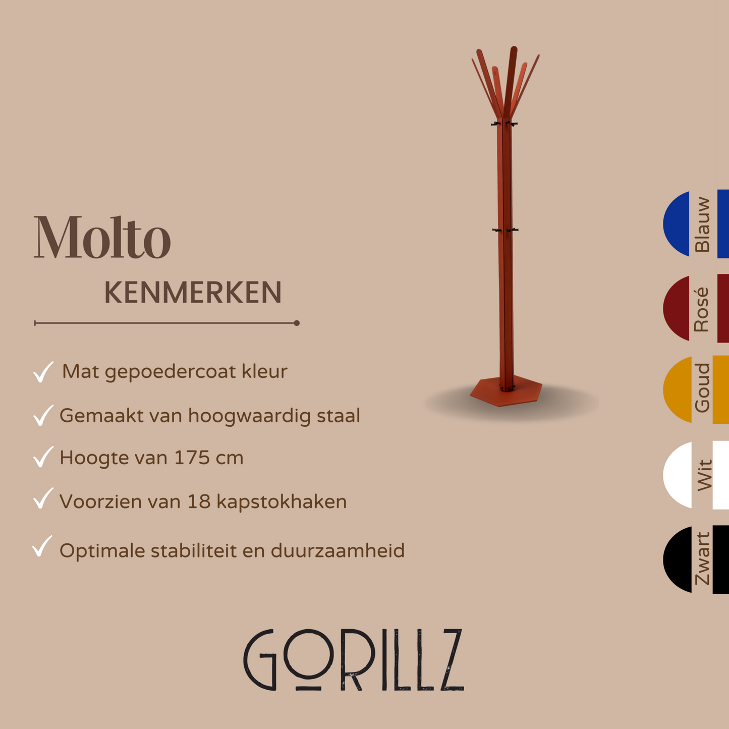 Gorillz Molto - Staande Kapstok - 18 kapstokhaken Staande Kleerhanger (175 x 35 x 40 cm) - Metaal- Koper Bruin