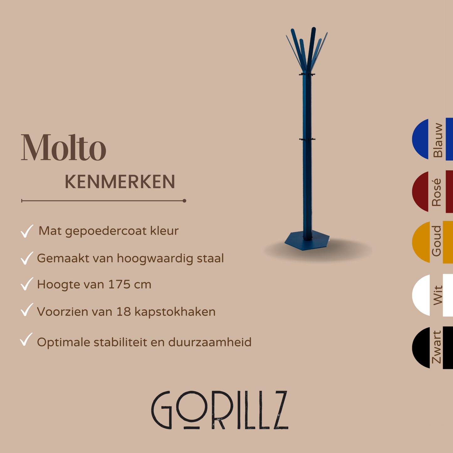 Gorillz Molto - Staande Kapstok - 18 kapstokhaken Staande Kleerhanger (175 x 35 x 40 cm) - Metaal- Blauw