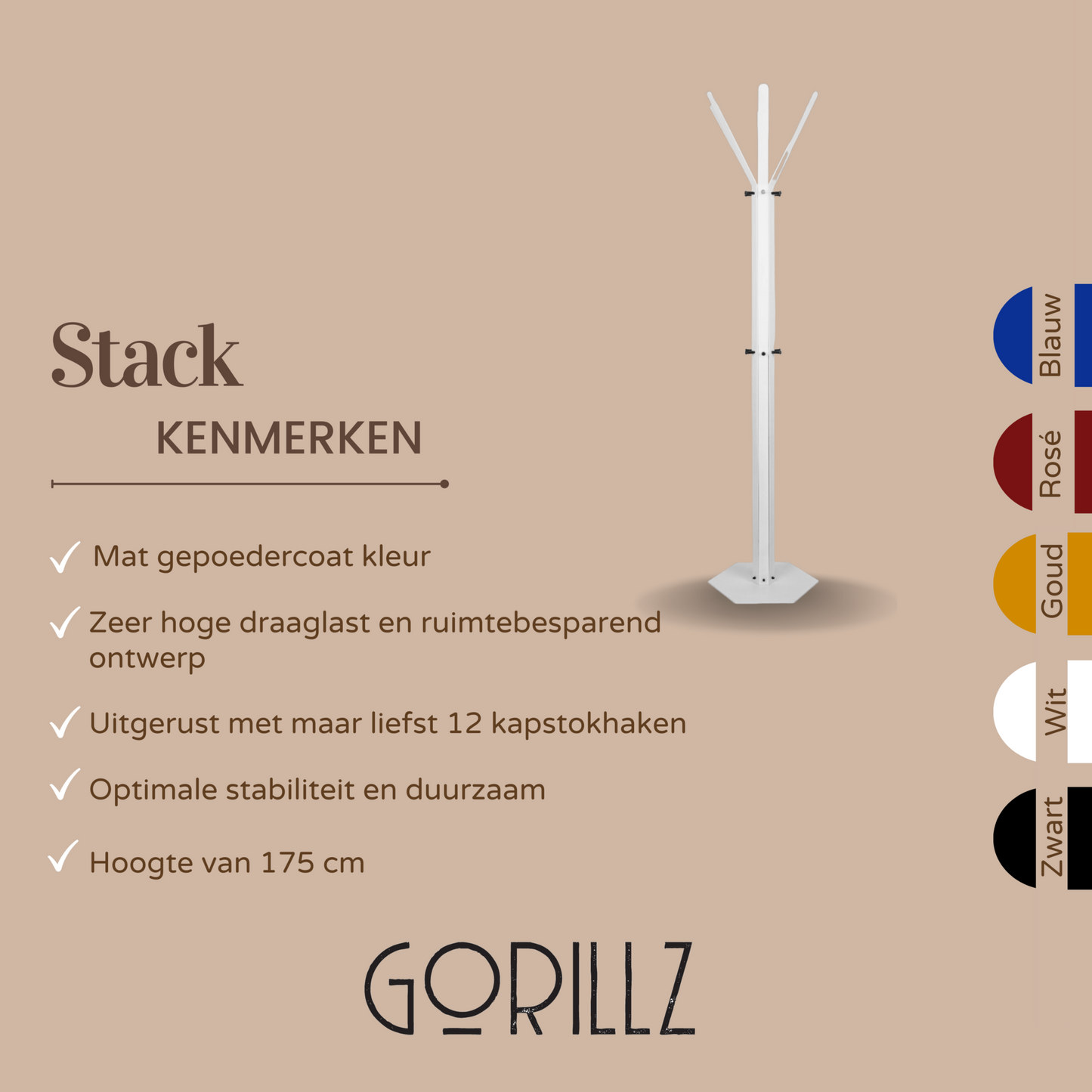 Gorillz Stack - Kapstok Staand - Staande kapstok - Metaal - 12 Kapstok haken - 174,5 cm - Wit