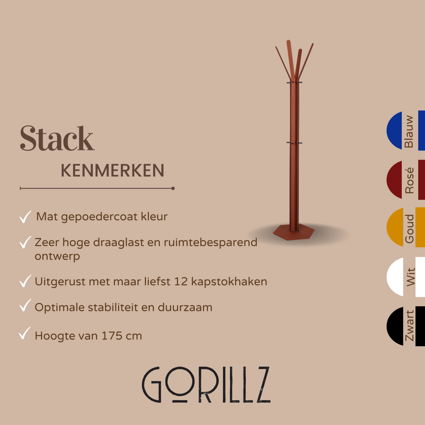 Gorillz Stack - Kapstok Staand - Staande kapstok - Metaal - 12 Kapstok haken - 174,5 cm - Koperbruin