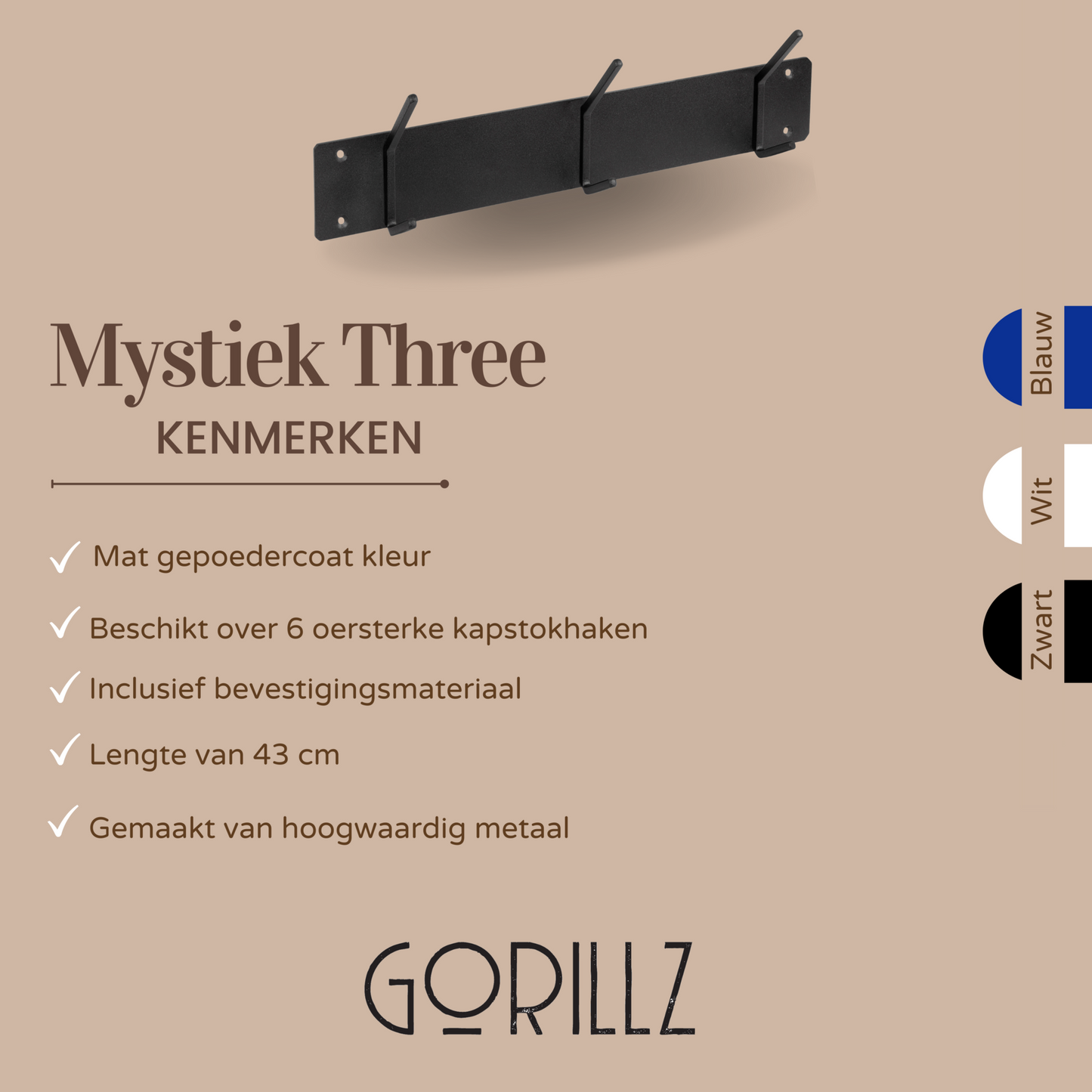 Gorillz Mystiek Three - Wandkapstok - 6 Kapstok haken - Zwart