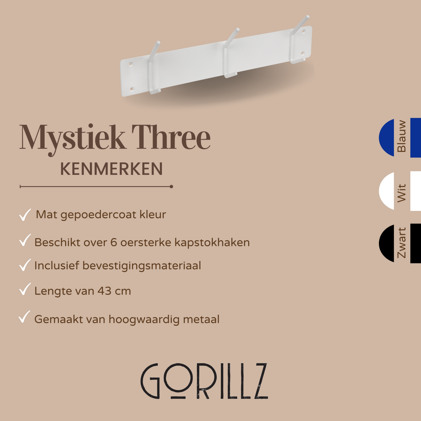Gorillz Mystiek Three - Wandkapstok - 6 Kapstok haken - Wit