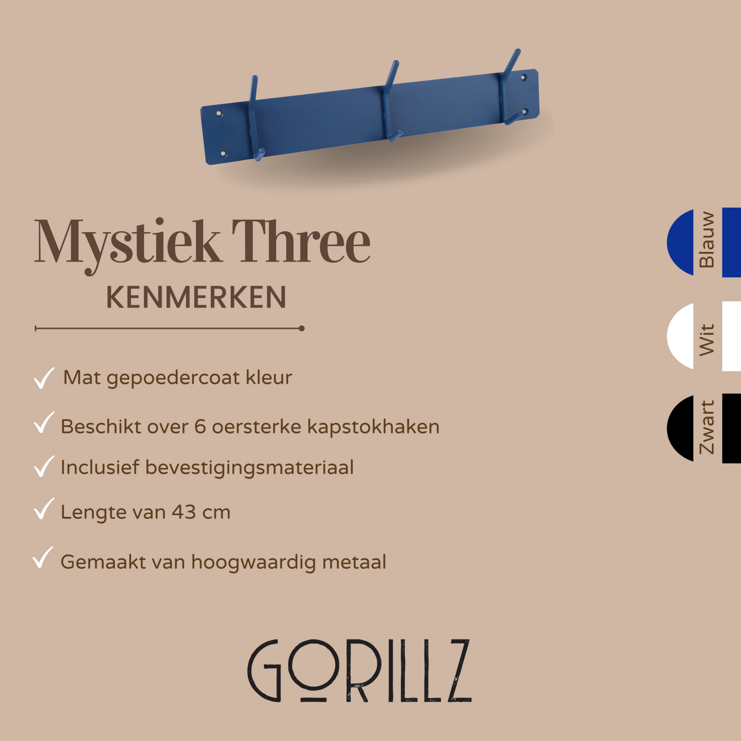 Gorillz Mystiek Three - Wandkapstok - 6 Kapstok haken - Blauw