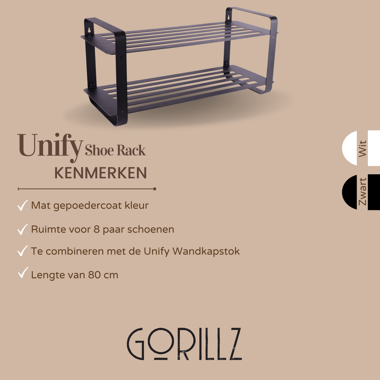 Gorillz Unify - Schoenenbank Met opbergruimte - Schoenenrek - Schoenenkast - 8 Paar - 80 cm Opbergrek - Zwart