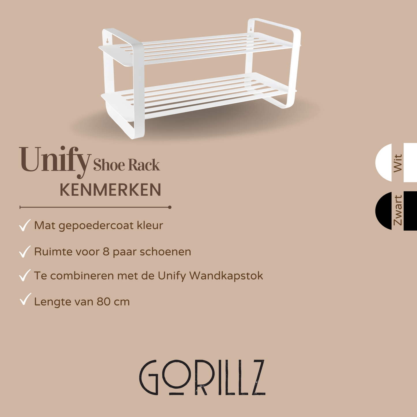 Gorillz Unify - Schoenenbank - Met opbergruimte - Schoenenrek - Schoenenkast - 8 Paar - 80 cm Opbergrek - Wit