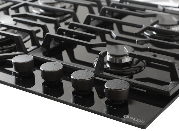 Wiggo WH-G634GL(B) - Inbouw gaskookplaat met Wok - 60cm - Zwart Glas
