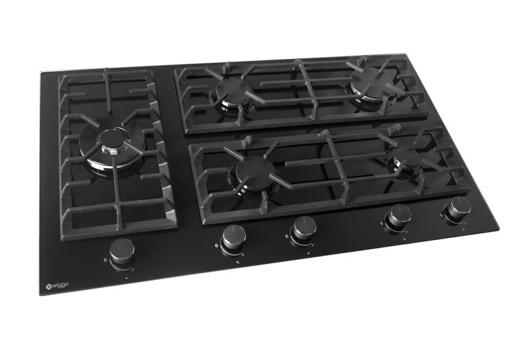 Wiggo WH-G935GR(B) - Inbouw gaskookplaat met Wok - 90cm - Zwart Glas