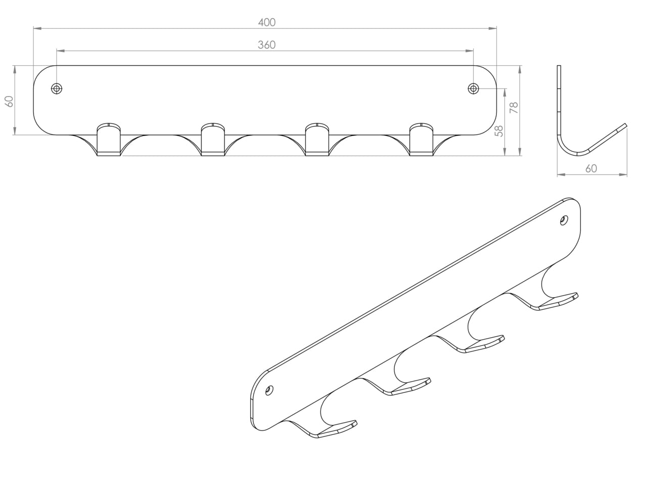 Rounded Four Wandkapstok Grijs