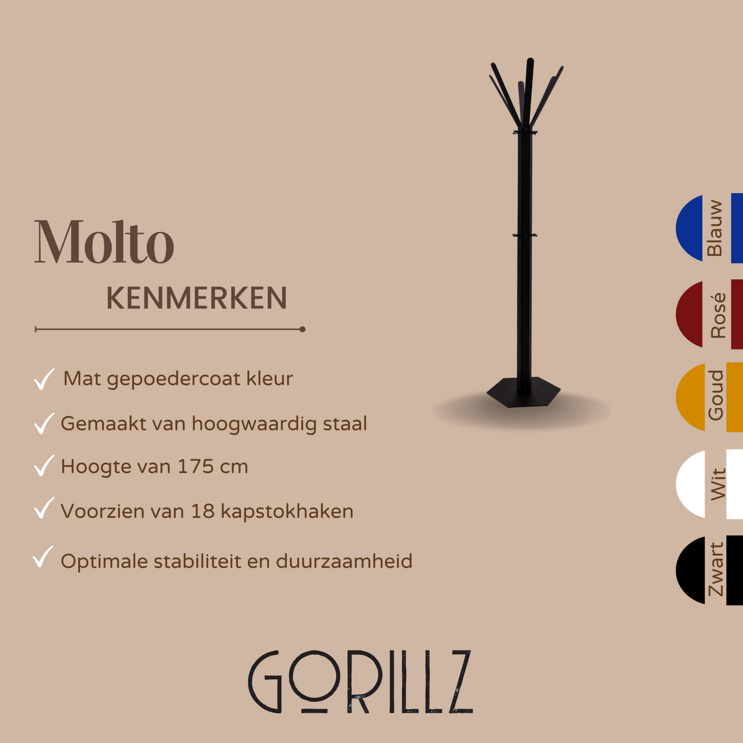 Gorillz Molto  - Staande Kapstok - 18 kapstokhaken Staande Kleerhanger (175 x 35 x 40 cm) - Metaal- Zwart