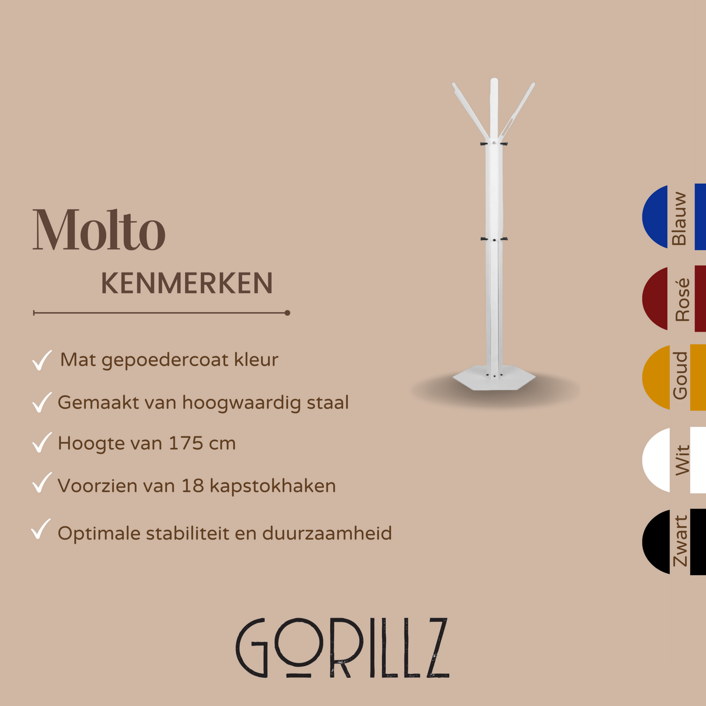 Gorillz Molto  - Staande Kapstok - 18 kapstokhaken Staande Kleerhanger (175 x 35 x 40 cm) - Metaal - Wit