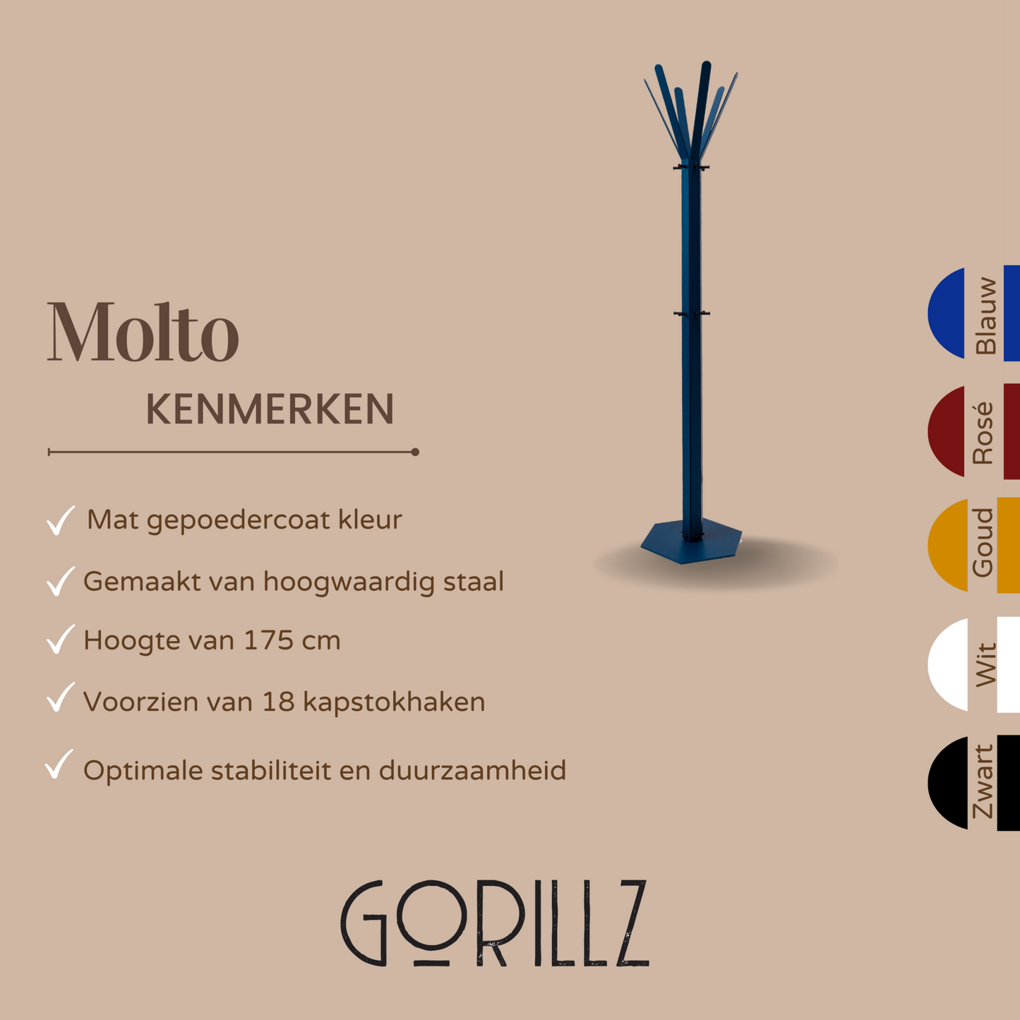 Gorillz Molto  - Staande Kapstok - 18 kapstokhaken Staande Kleerhanger (175 x 35 x 40 cm) - Metaal- Blauw