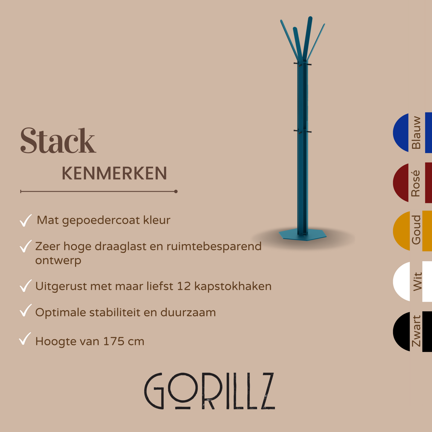 Gorillz Stack - Kapstok Staand - Staande kapstok	- Metaal - 12 Kapstok haken - 174,5 cm - Blauw