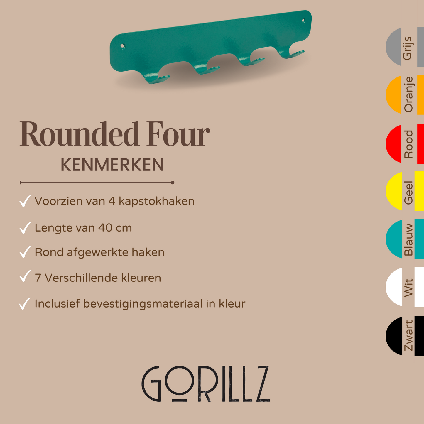 Gorillz Rounded Four - Wandkapstok - 40x6x7,8cm - Turqoise