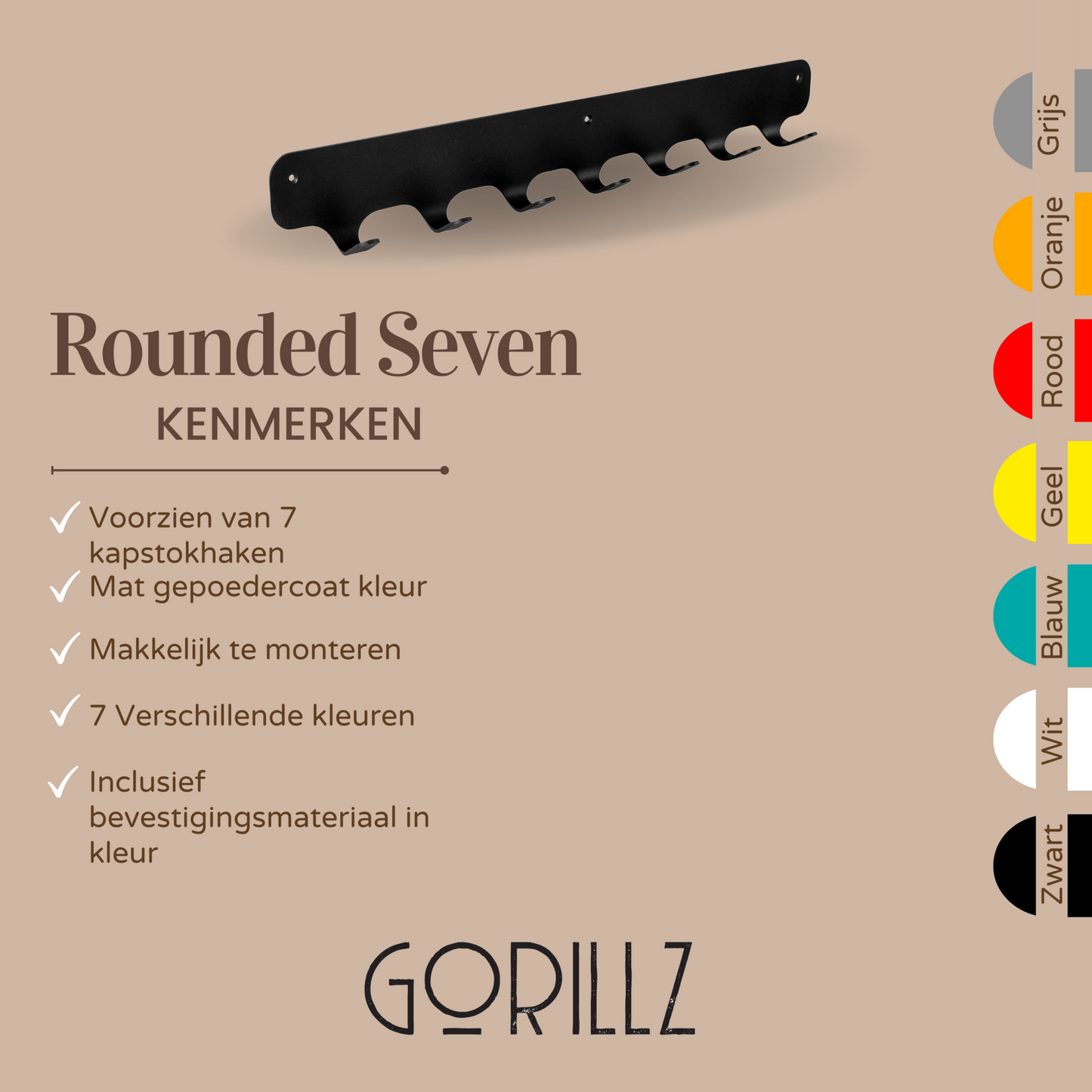 Gorillz Rounded Seven - Wandkapstok - 67 x 6 x 7,8 mm - Zwart