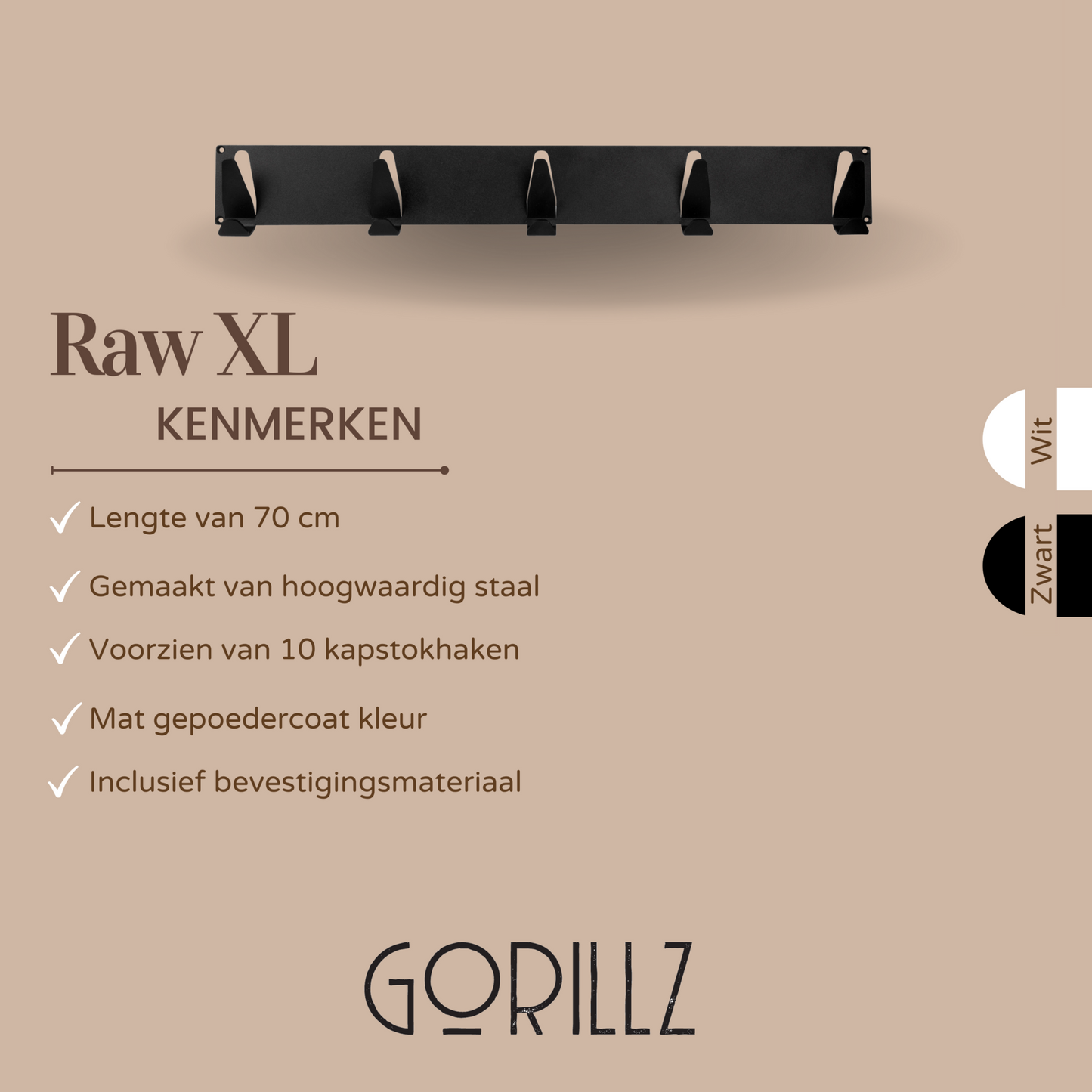 Gorillz Raw XL - Industrieel kapstok- 70 cm- 10 Kapstok Haken - Zwart