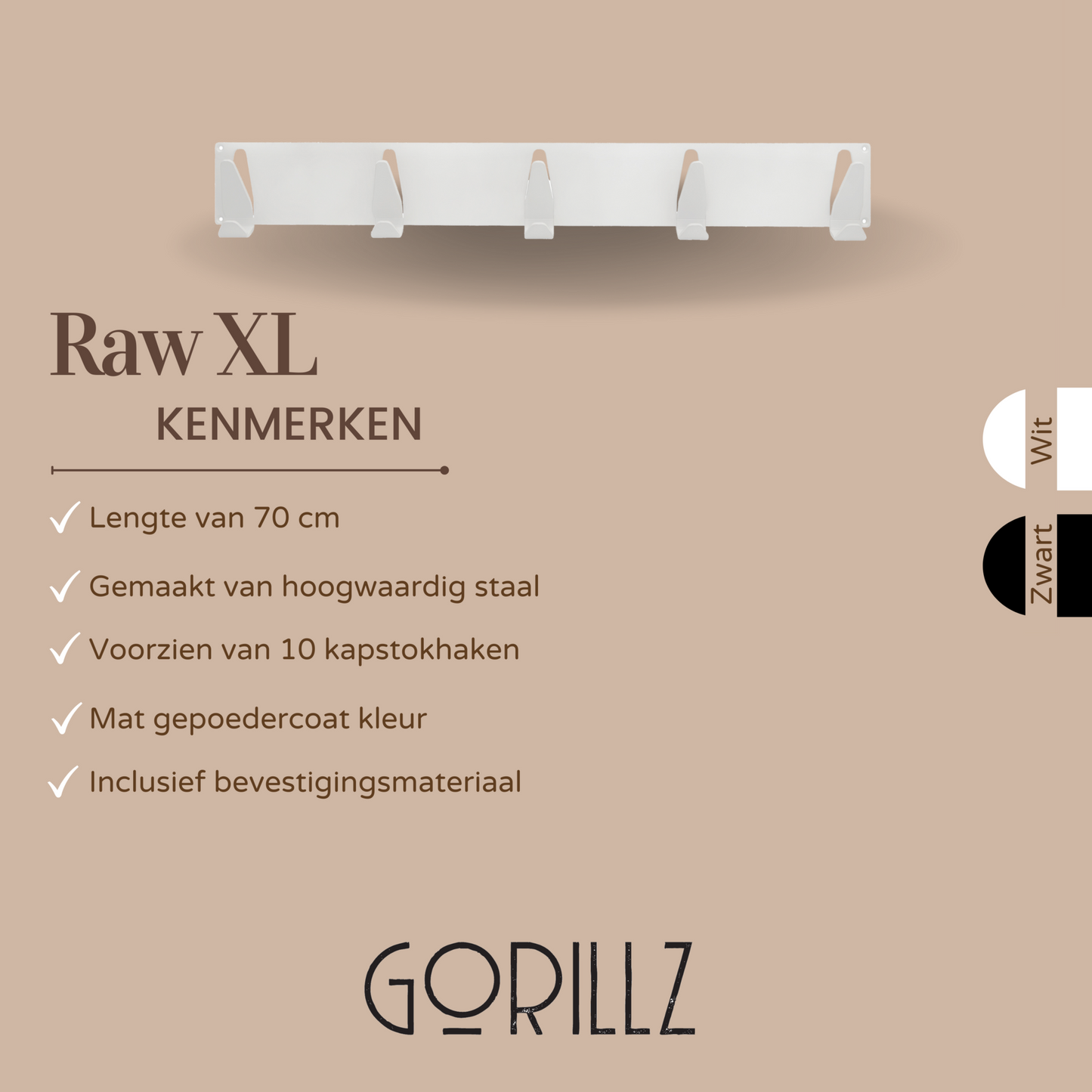 Gorillz Raw XL - Industrieel kapstok - 10 Kapstok haken - 70cm - Wit