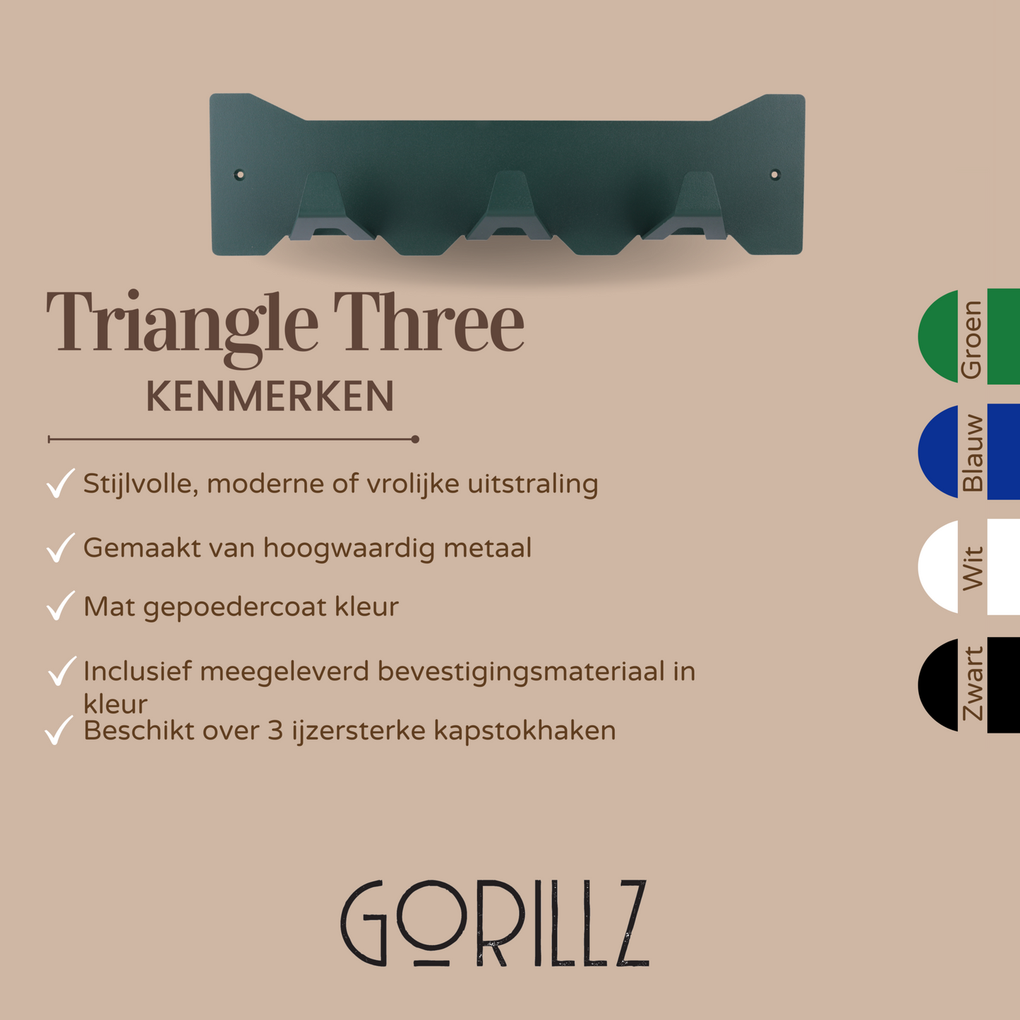 Gorillz Triangle Three - Wandkapstok - 44 x 5,6 x 12 cm - Groen