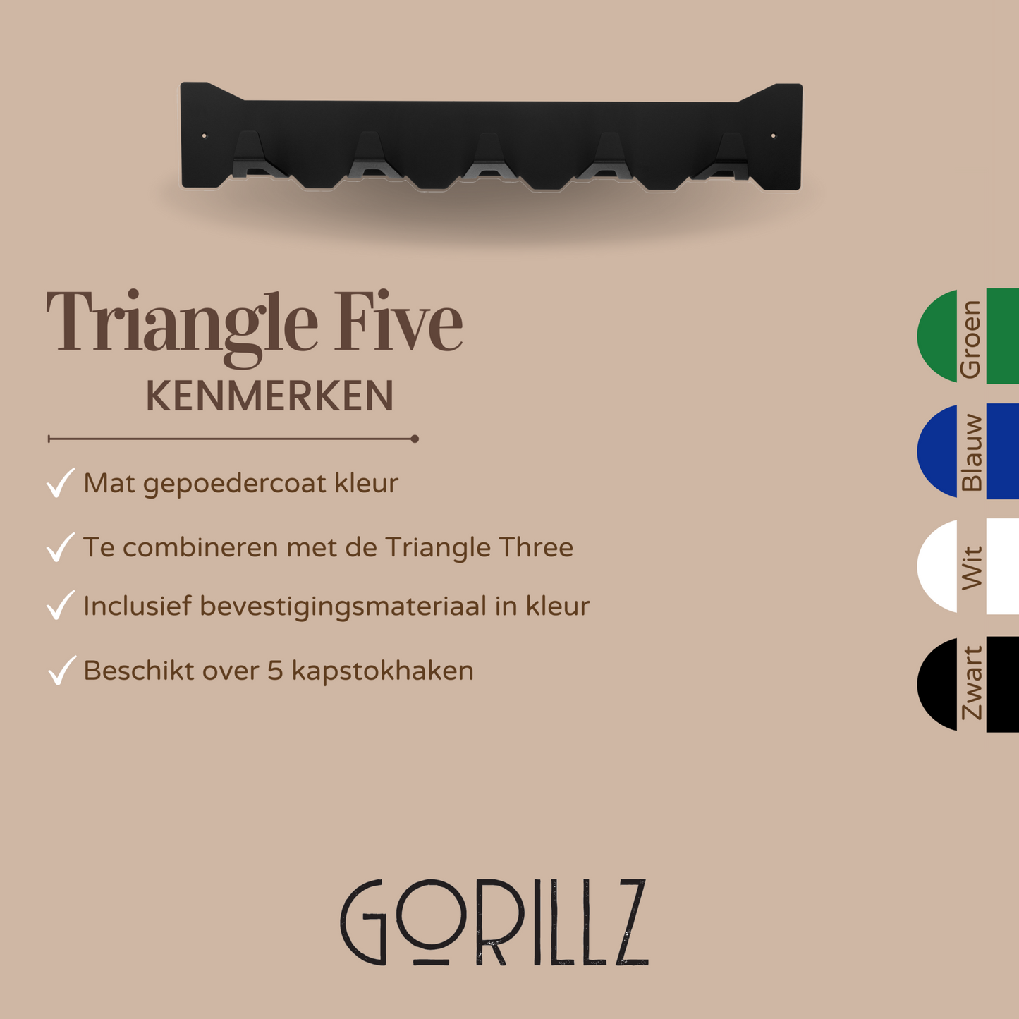 Gorillz Triangle Five - Wandkapstok - 5 haken - 70 x 5 x 12 cm - Zwart