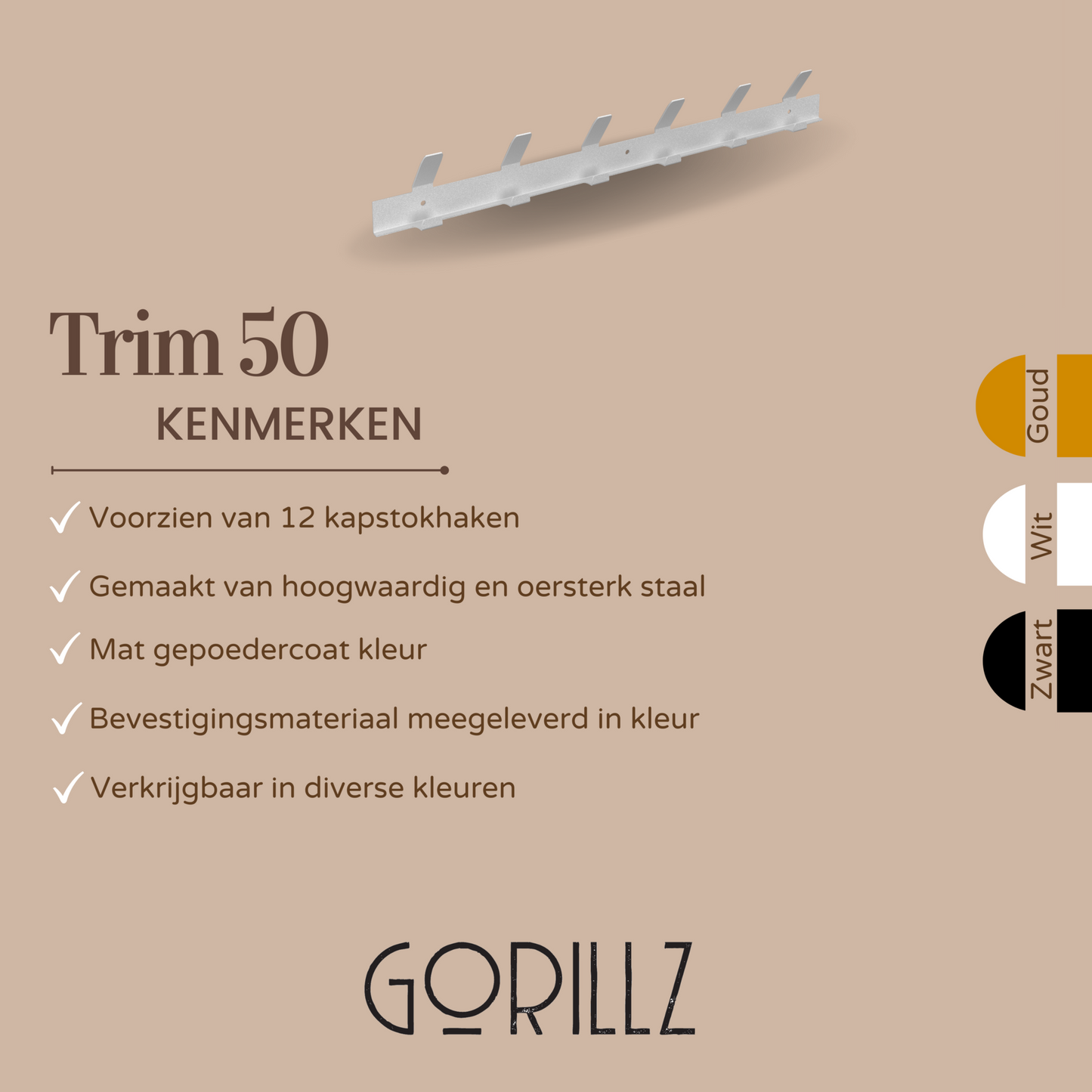 Gorillz Trim 50 Kapstok -12 haken (lengte) 55 cm - Metaal - Wit