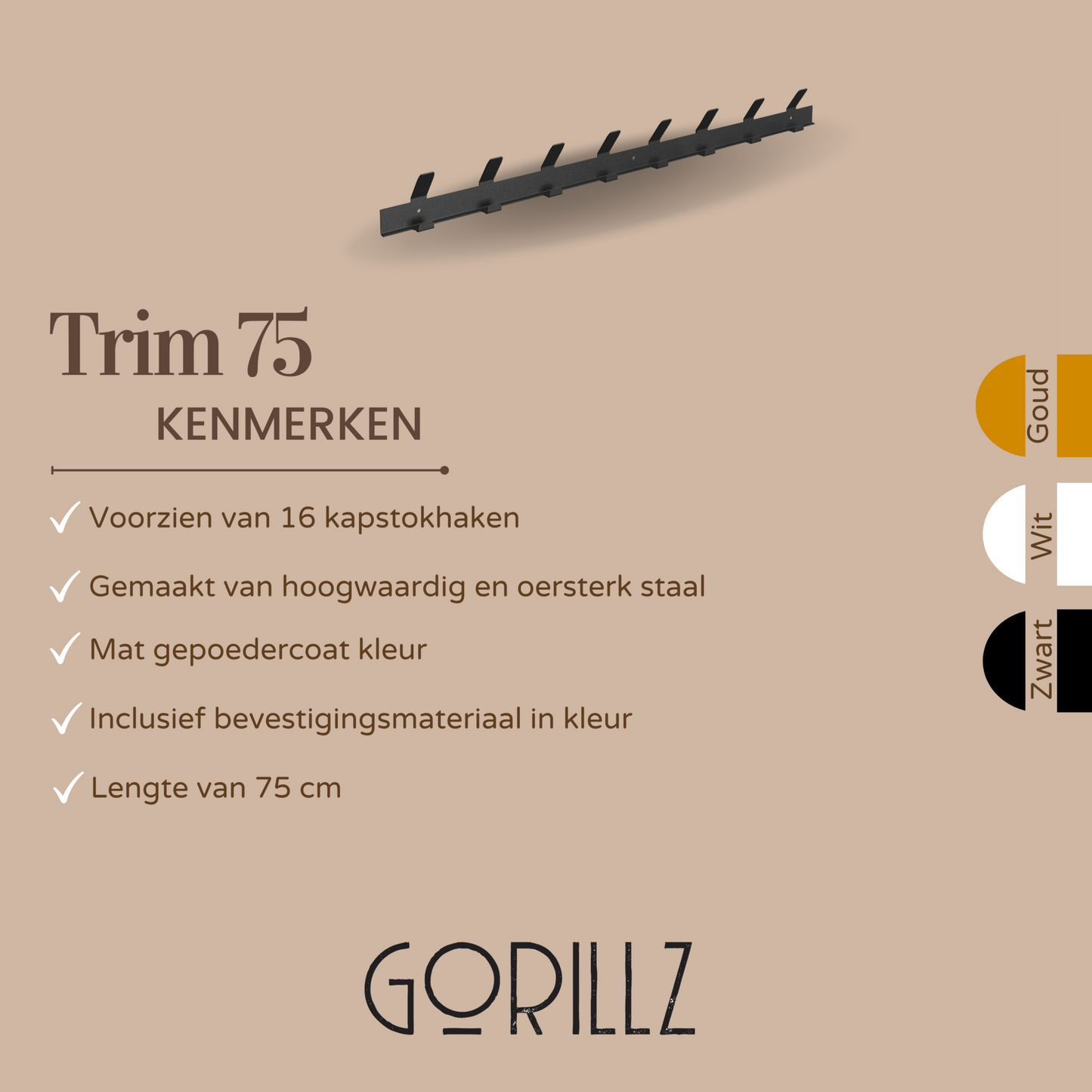 Gorillz Trim 75 Kapstok - 16 Haken (lengte) 75 cm - Metaal - Zwart