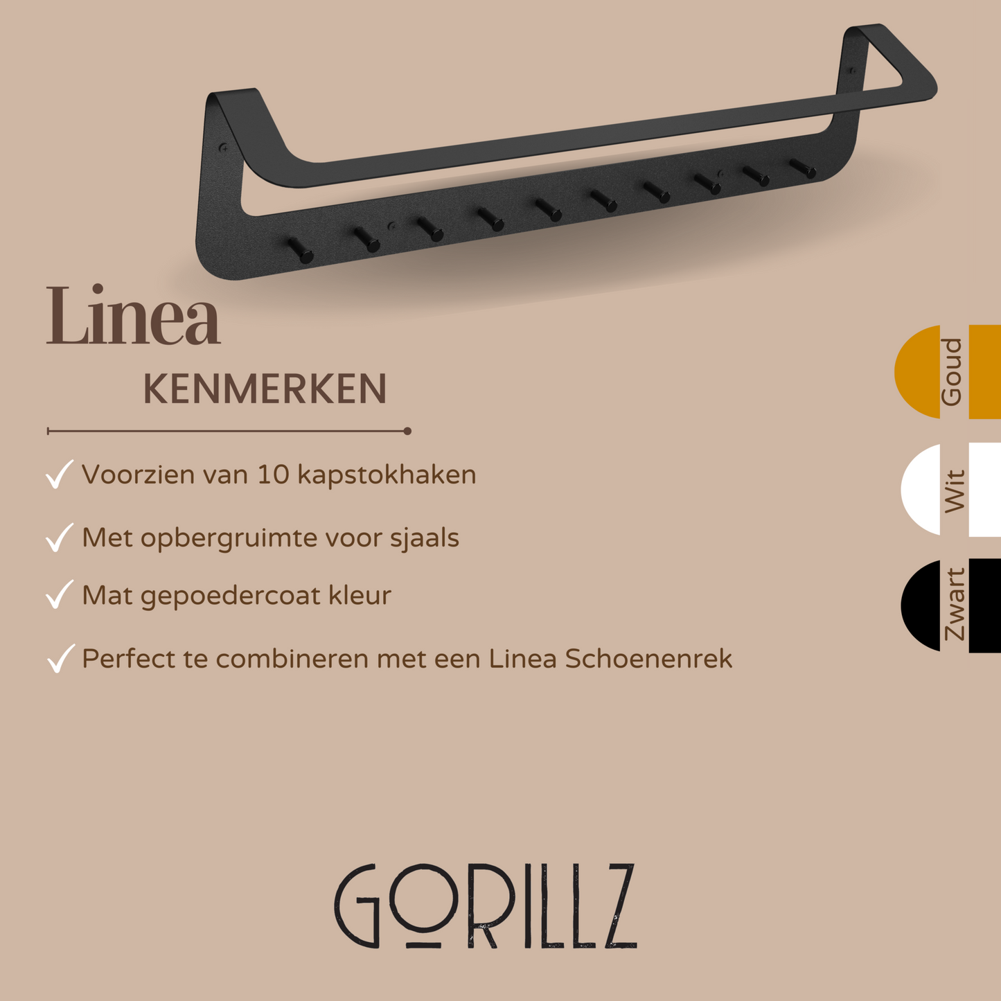 Gorillz Linea - Wandkapstok Met Kledinghanger - Hangende Wandkapstok - 10 Kapstok Haken - Zwart