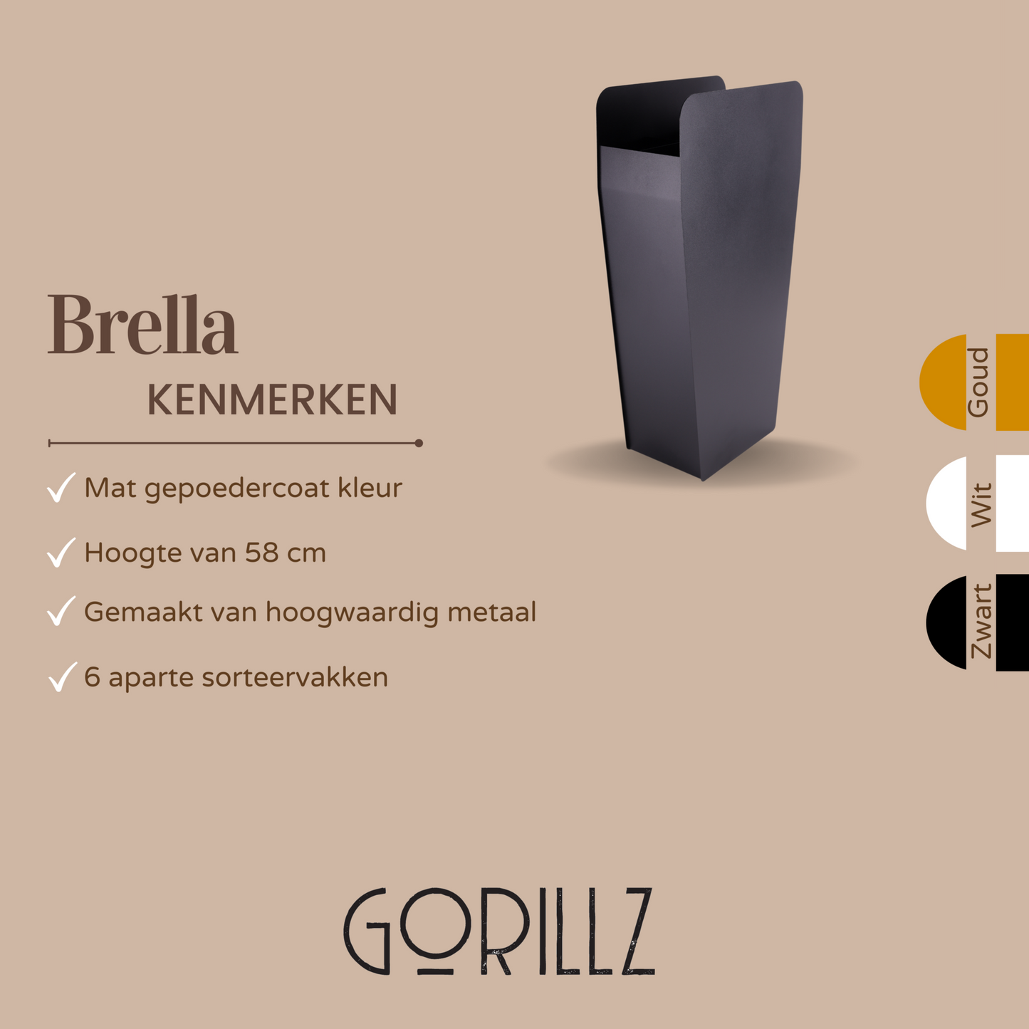 Gorillz Brella - Paraplubak met 6 Vakken - 58 cm Hoge - Industrieel Parapluhouder - Zwart