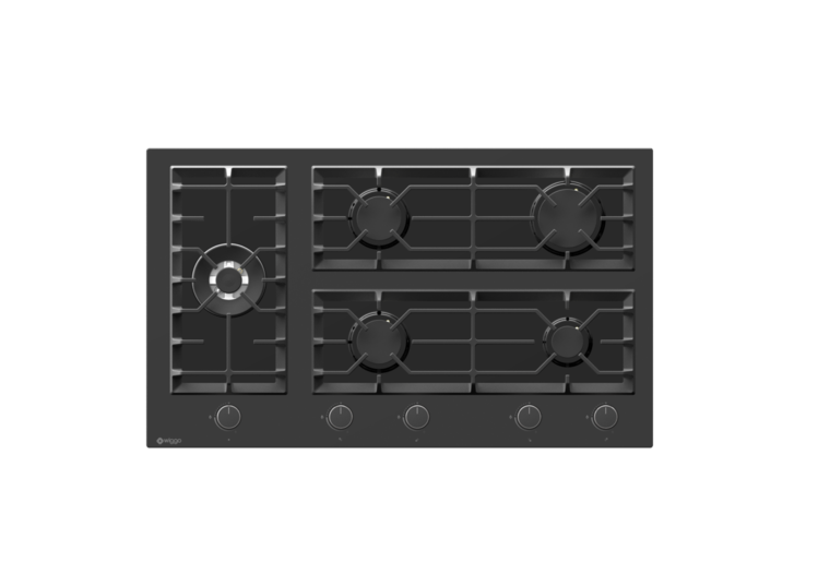 Wiggo WH-G935GR(B) - Inbouw gaskookplaat met Wok - 90cm - Zwart Glas